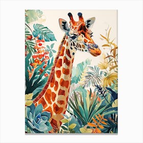 Giraffe Watercolour Portrait In The Leaves 1 Canvas Print