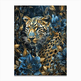 Leopard In Blue Flowers Canvas Print