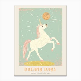 Pastel Storybook Style Unicorn Playing Basketball 2 Poster Canvas Print