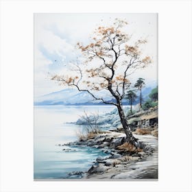 Lake Toya In Hokkaido, Japanese Brush Painting, Ukiyo E, Minimal 2 Canvas Print