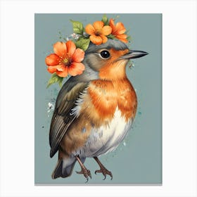 Robin With Flowers 1 Canvas Print