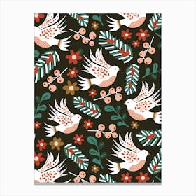 Folk Art Christmas White Doves and Winter Florals on Black Canvas Print