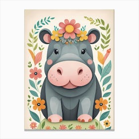 Floral Baby Hippo Nursery Illustration (14) Canvas Print