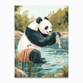 Giant Panda Catching Fish In A Tranquil Lake Storybook Illustration 4 Canvas Print