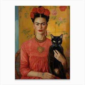 Frida Kahlo Portrait with Black Cat, Frida Khalo, Frida Kahlos Print, Mexican Art, Feminist Art Print Canvas Print