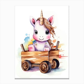 Baby Unicorn On A Toy Car, Watercolour Nursery 0 Canvas Print