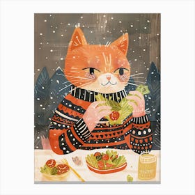 Cute Orange Eating Salad Folk Illustration 3 Canvas Print