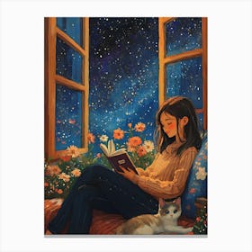 Girl Reading Book with Her Cat 5 Canvas Print