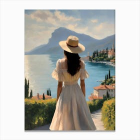 Woman at Lake Garda Painting in Beautiful Dress and Straw Hat 1 Canvas Print