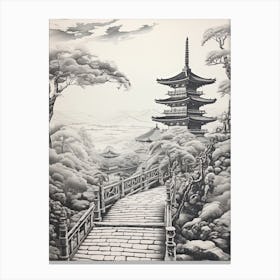 Chureito Pagoda In Yamanashi, Ukiyo E Black And White Line Art Drawing 1 Canvas Print