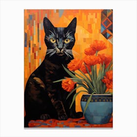 Black Cat With Orange Flowers Canvas Print