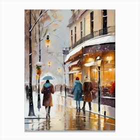 Paris cafes, winter season, Christmas, autumn oil colors, pale colors, pedestrians in the street, winter clothes, falling snow.Christmas decorations.18 Canvas Print