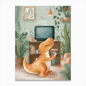 Dinosaur In The Living Room With A Tv 2 Canvas Print