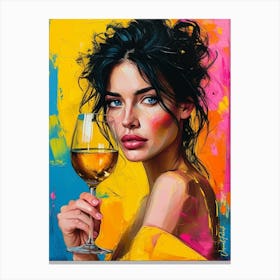 Brunette Woman With A Glass Of Golden Wine Canvas Print