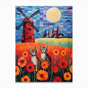 Two Cats With Marigolds And A Middle Ages Windmill Canvas Print