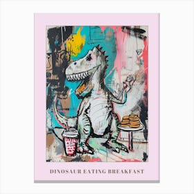 Abstract Dinosaur Eating Breakfast In A Cafe Pink Blue Purple 2 Poster Canvas Print