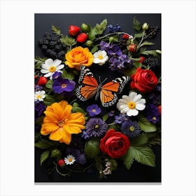 Butterfly On A Wreath Of Flowers Canvas Print