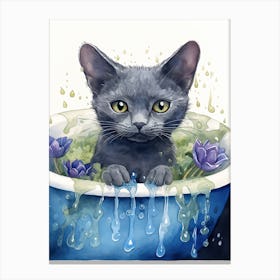 Russian Blue Cat In Bathtub Botanical Bathroom 3 Canvas Print
