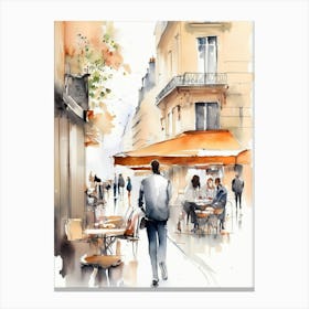 Paris city, passersby, cafes, apricot atmosphere, watercolors.10 Canvas Print