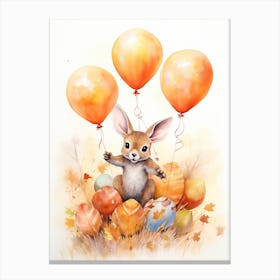 Kangaroo Flying With Autumn Fall Pumpkins And Balloons Watercolour Nursery 3 Canvas Print