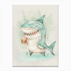 Shark With A Takeout Coffee Watercolour Illustration Canvas Print