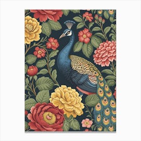 Navy Blue Floral Peacock Vintage Wallpaper Canvas Print