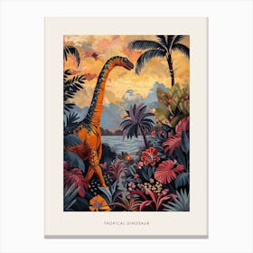 Dinosaur In Tropical Leaves Warm Tones Painting Poster Canvas Print