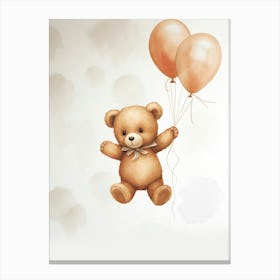 Baby Bear Flying With Ballons, Watercolour Nursery Art 3 Canvas Print
