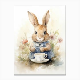Bunny Drinking Tea Rabbit Prints Watercolour 3 Canvas Print