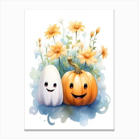 Cute Ghost With Pumpkins Halloween Watercolour 147 Canvas Print