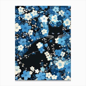 Black Cat In Blue Flowers 5 Canvas Print