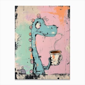 Dinosaur Drinking Coffee Pastel Pink Graffiti Brushstroke 3 Canvas Print