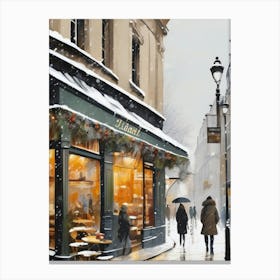 Paris cafes, winter season, Christmas, pale colors, pedestrians in the street, winter clothes, falling snow.10 1 Canvas Print