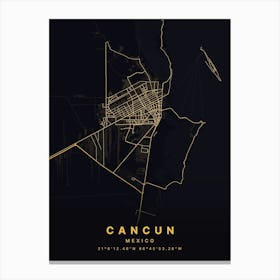 Cancun Mexico Black And Gold Map Canvas Print