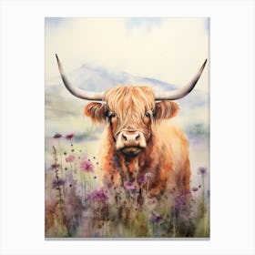 Lilac Watercolour Of Highland Cow 2 Canvas Print