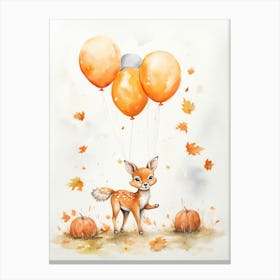 Deer Flying With Autumn Fall Pumpkins And Balloons Watercolour Nursery 3 Canvas Print