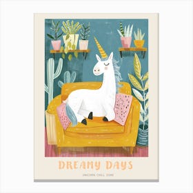 Storybook Style Unicorn Sat On A Mustard Sofa With Plants Poster Canvas Print