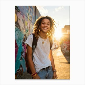 Portrait Of A Teenager Exuding A Cheerful Vibe Street Style Fashion Casual Stance Amidst Urban Bac 1 Canvas Print