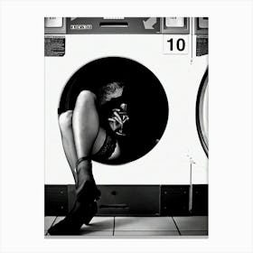 Woman Drinking Wine In Washing Machine Canvas Print