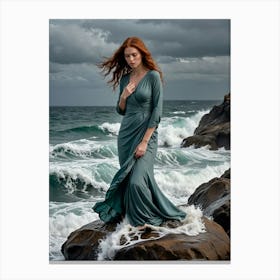 Woman In A Dress Standing against The Stormy Sea Canvas Print