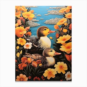 Ducklings With The Flowers Japanese Woodblock Style 1 Canvas Print
