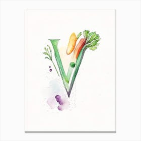 V  For Vegetables, Letter, Alphabet Minimalist Watercolour 1 Canvas Print
