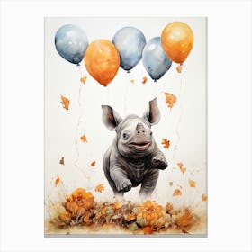 Rhino Flying With Autumn Fall Pumpkins And Balloons Watercolour Nursery 2 Canvas Print