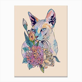 Cute Sphynx Cat With Flowers Illustration 3 Canvas Print