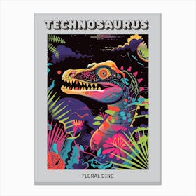 Floral Neon Dinosaur Illustration Poster Canvas Print