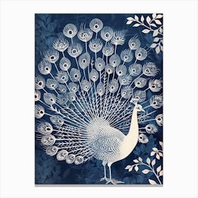 Navy Blue & White Peacock Linocut Inspired Portrait 4 Canvas Print