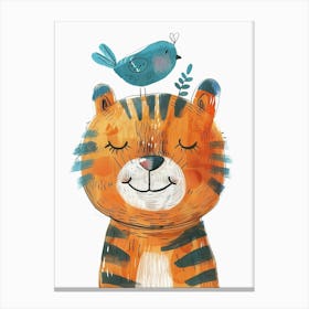 Small Joyful Tiger With A Bird On Its Head 17 Canvas Print