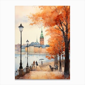 Stockholm Sweden In Autumn Fall, Watercolour 2 Canvas Print