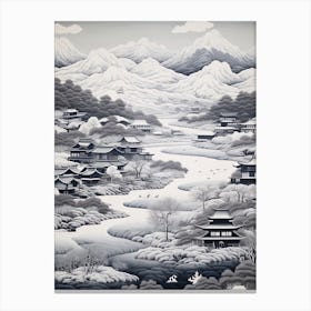 Yufuin In Oita, Ukiyo E Black And White Line Art Drawing 2 Canvas Print