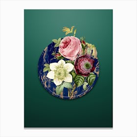 Vintage Anemone Rose Botanical in Gilded Marble on Dark Spring Green n.0026 Canvas Print